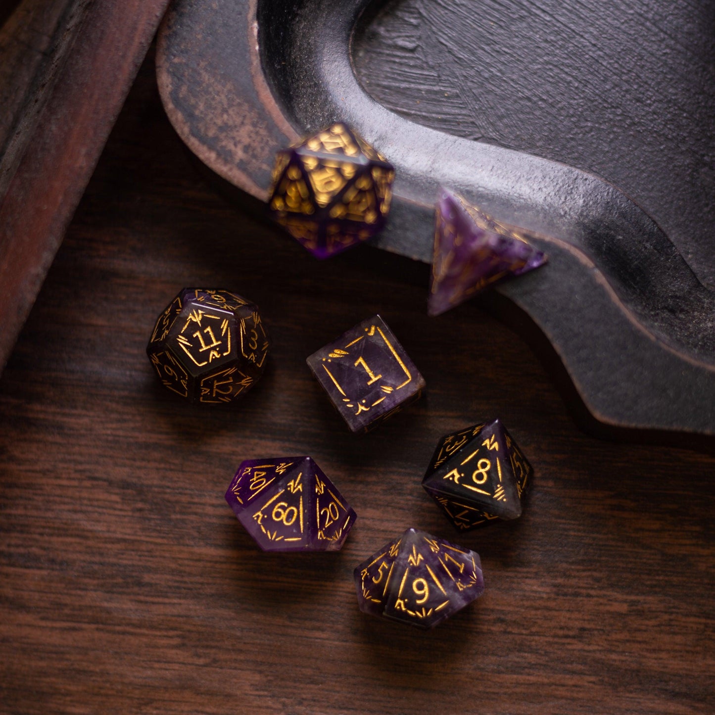 Dragon Shield Purple Amethyst Gemstone DND Dice Set
