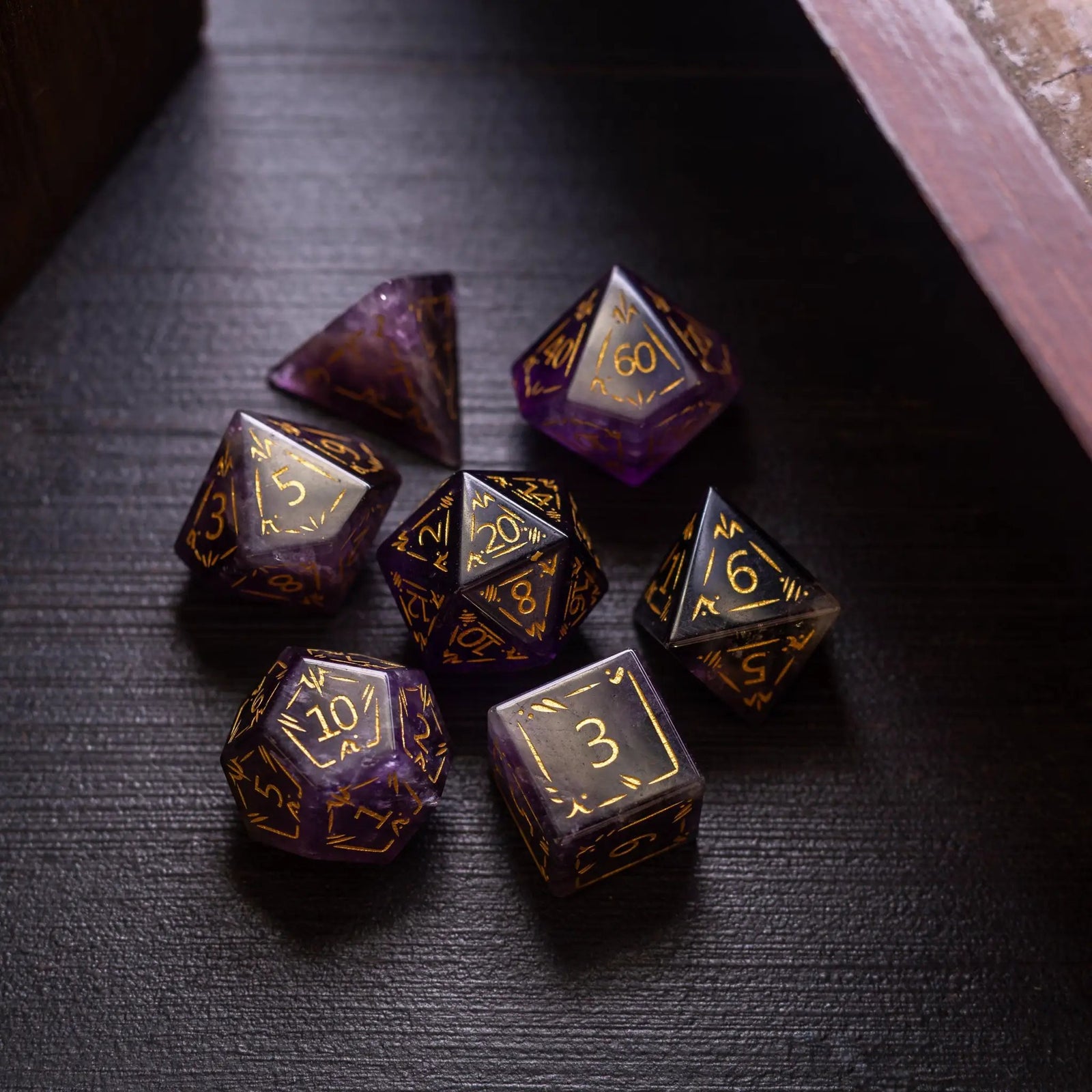 Dragon Shield Purple Amethyst Gemstone DND Dice Set by Runic Dice