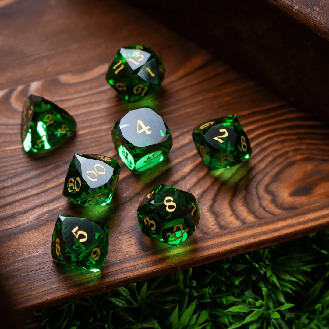 Dwarf Cut Green Gemstone Glass Premium DND Dice Set by Runic Dice