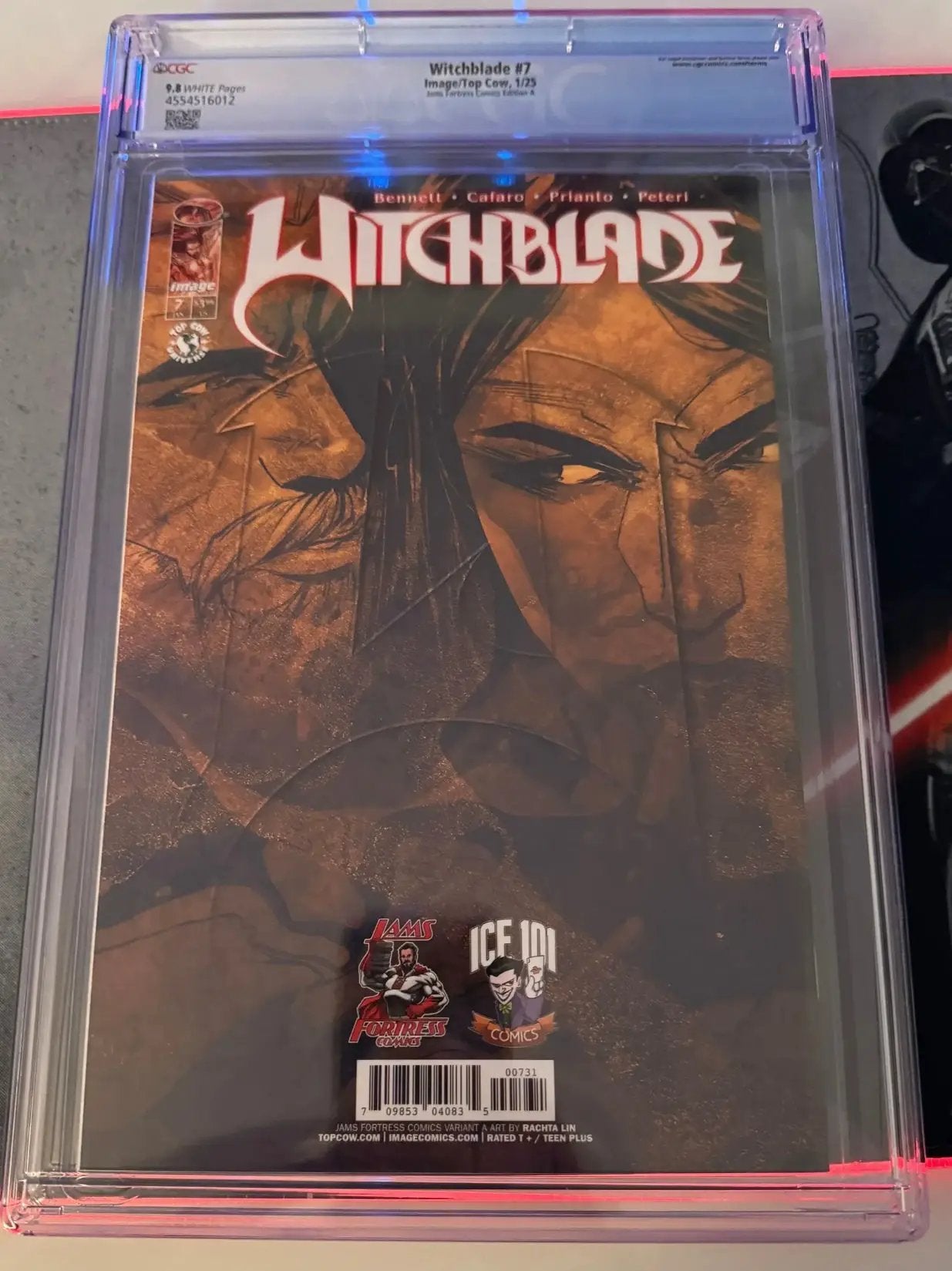 JAMS Fortress Comics Witchblade #7 comic book featuring Rachta Lin foil cover, CGC 9.8 graded, close-up of vibrant cover art.