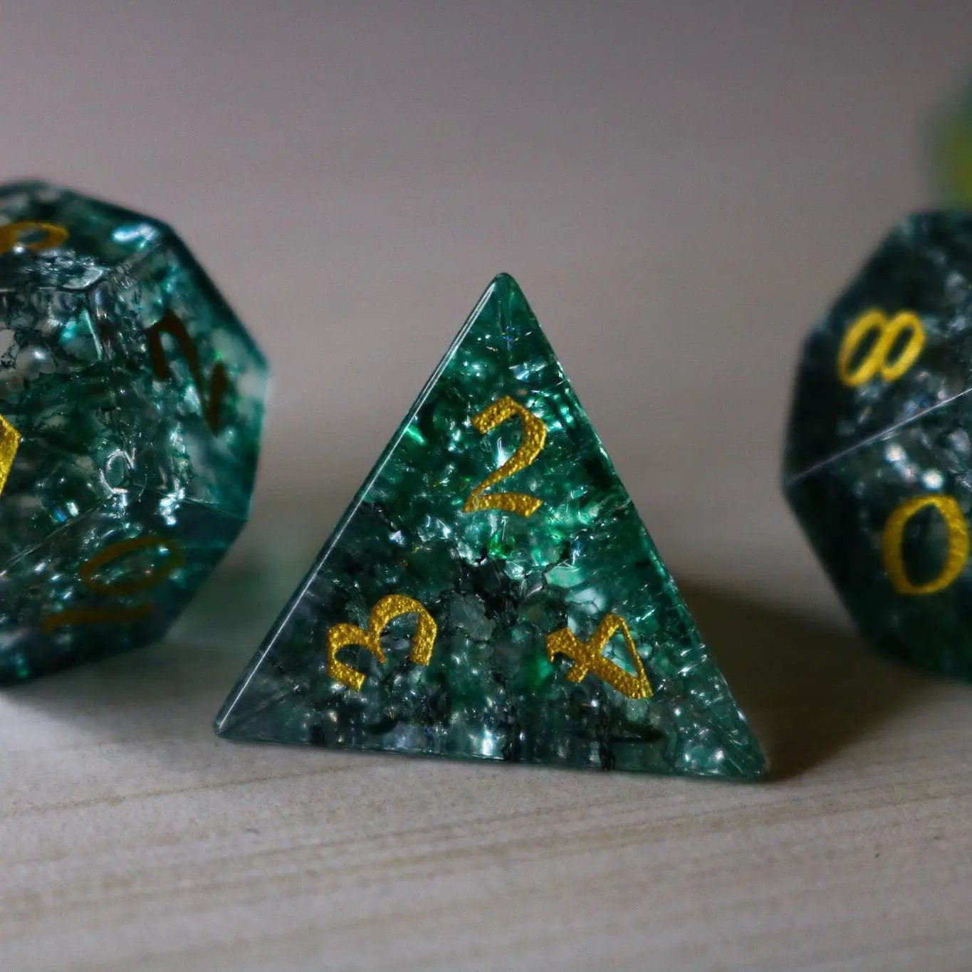 Elven Wood green forge fire glass gemstone DND dice set by Runic Dice, featuring vibrant, translucent gemstone gaming dice.