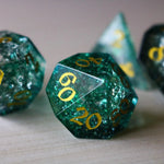 Runic Dice Elven Wood Green Forge Fire Glass DND gemstone dice set, featuring vibrant green and fiery-colored gemstone dice for tabletop gaming.