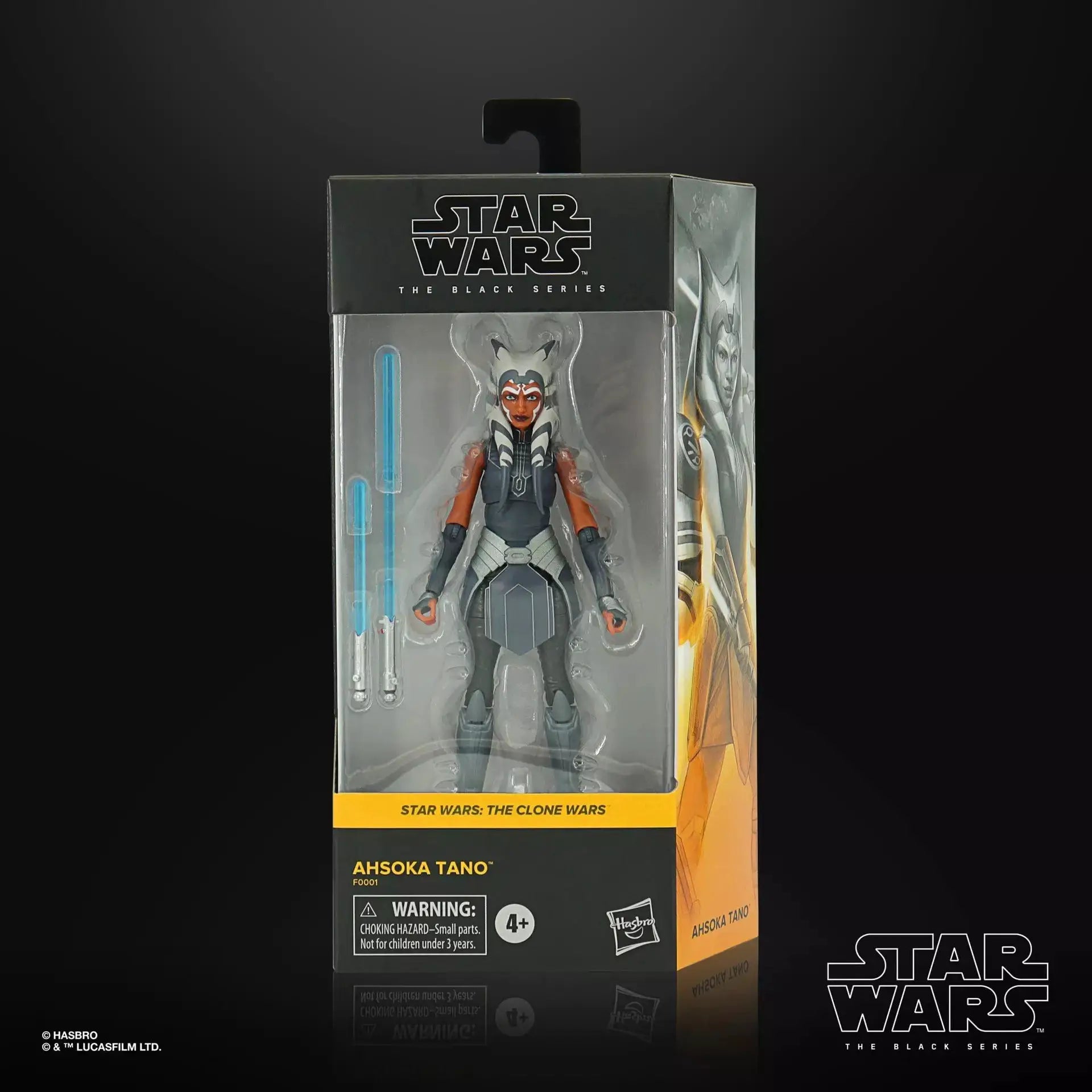 Star Wars The Black Series Ahsoka Tano action figure with detailed costume and animated facial features, posed against a neutral background.