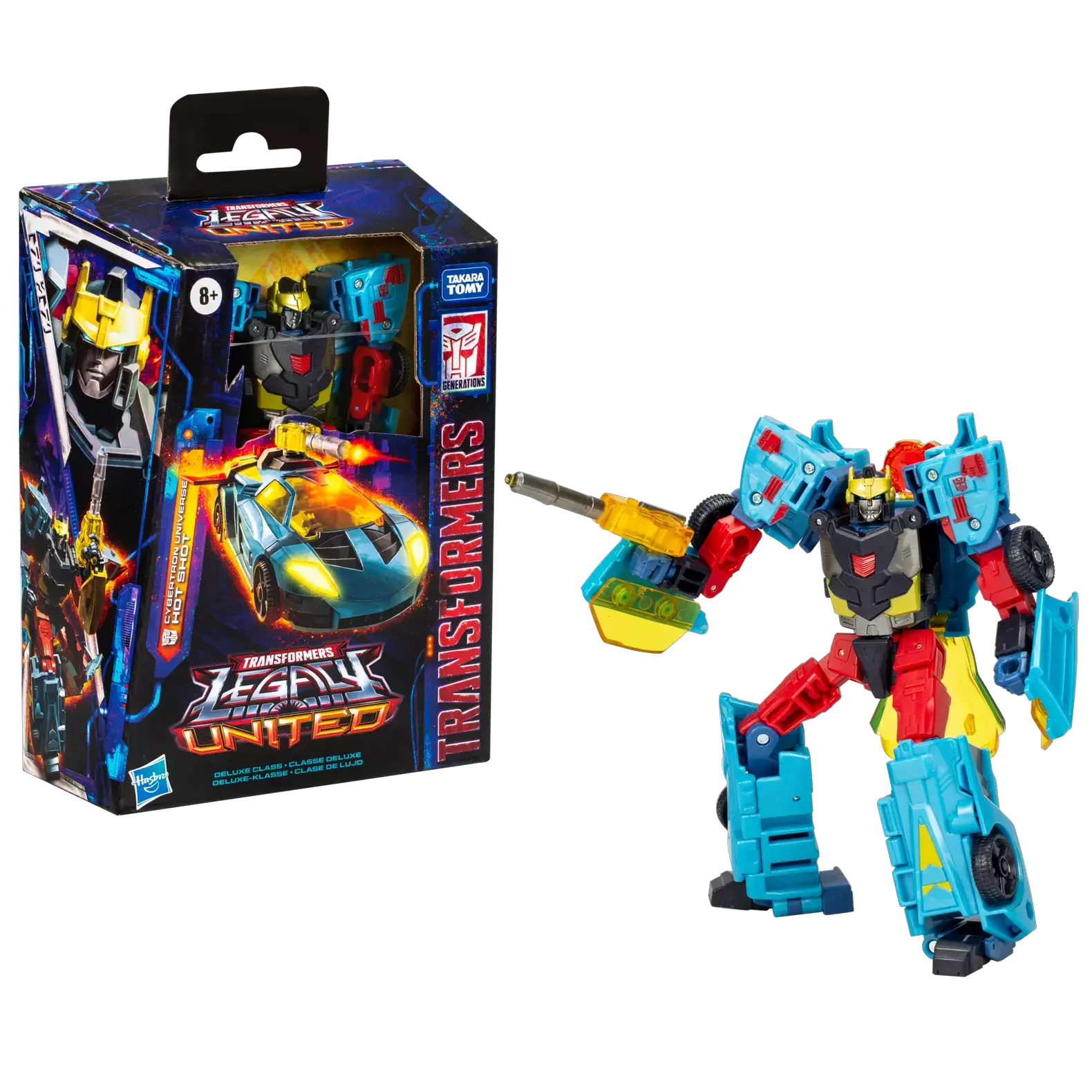 Transformers Legacy United Deluxe Class Cybertron Universe Hot Shot action figure with vibrant colors and detailed robot mode.