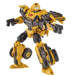 Transformers Studio Series Deluxe Class Transformers Reactivate Bumblebee toy in robot mode, featuring yellow and black details.