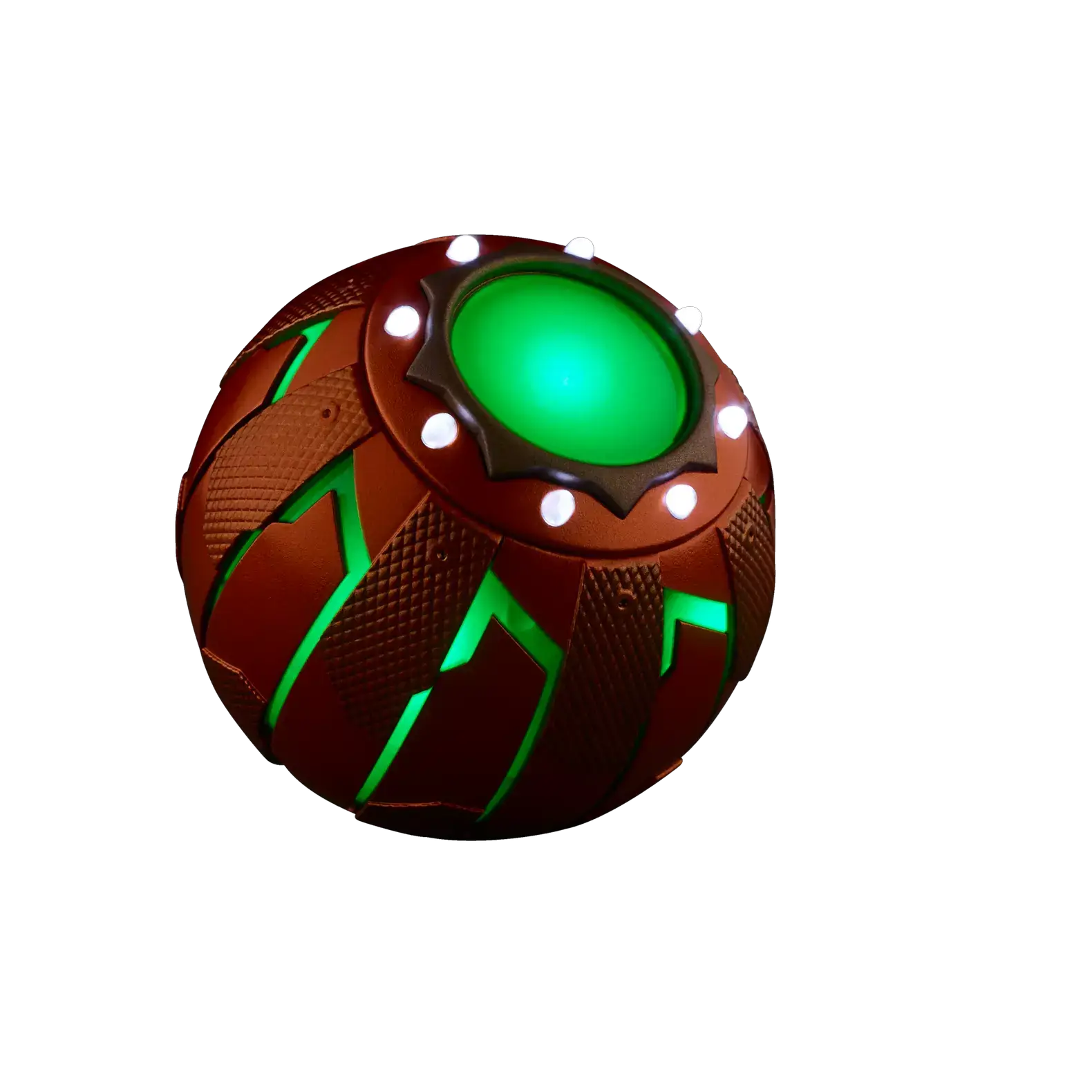 Green Goblin electronic pumpkin prop for roleplay, featuring glowing details and Halloween-themed design by THE MIGHTY HOBBY SHOP.