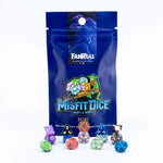 Two full sets of Mystery Misfit Mini polyhedral dice from THE MIGHTY HOBBY SHOP displayed on a fan roll.