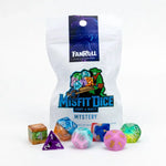 Mystery Misfit Resin Polyhedral Dice Set from THE MIGHTY HOBBY SHOP, featuring colorful multi-sided dice for tabletop gaming.