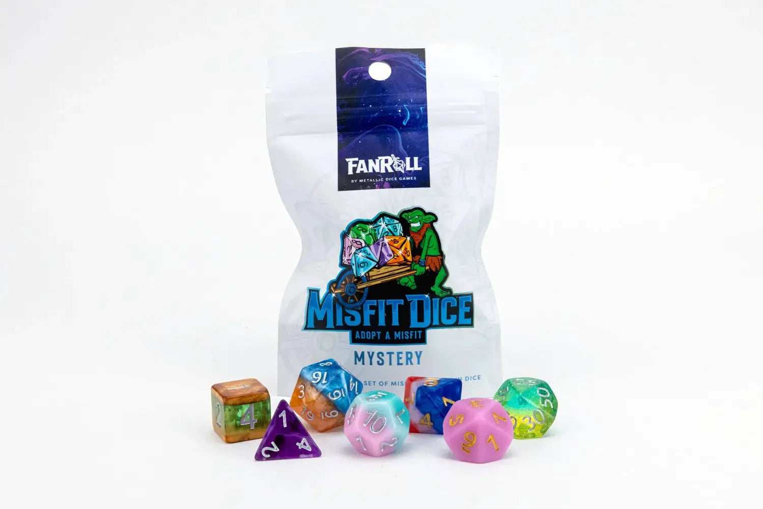 Mystery Misfit Resin Polyhedral Dice Set from THE MIGHTY HOBBY SHOP, featuring colorful multi-sided dice for tabletop gaming.