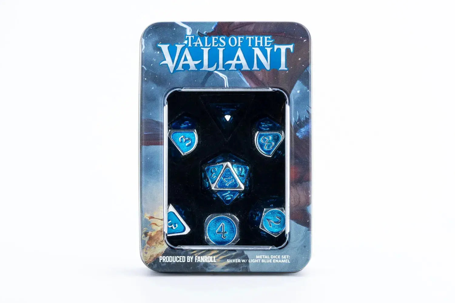 Silver metal dice set with light blue enamel accents from Tales of the Valiant, featuring detailed engraved designs.
