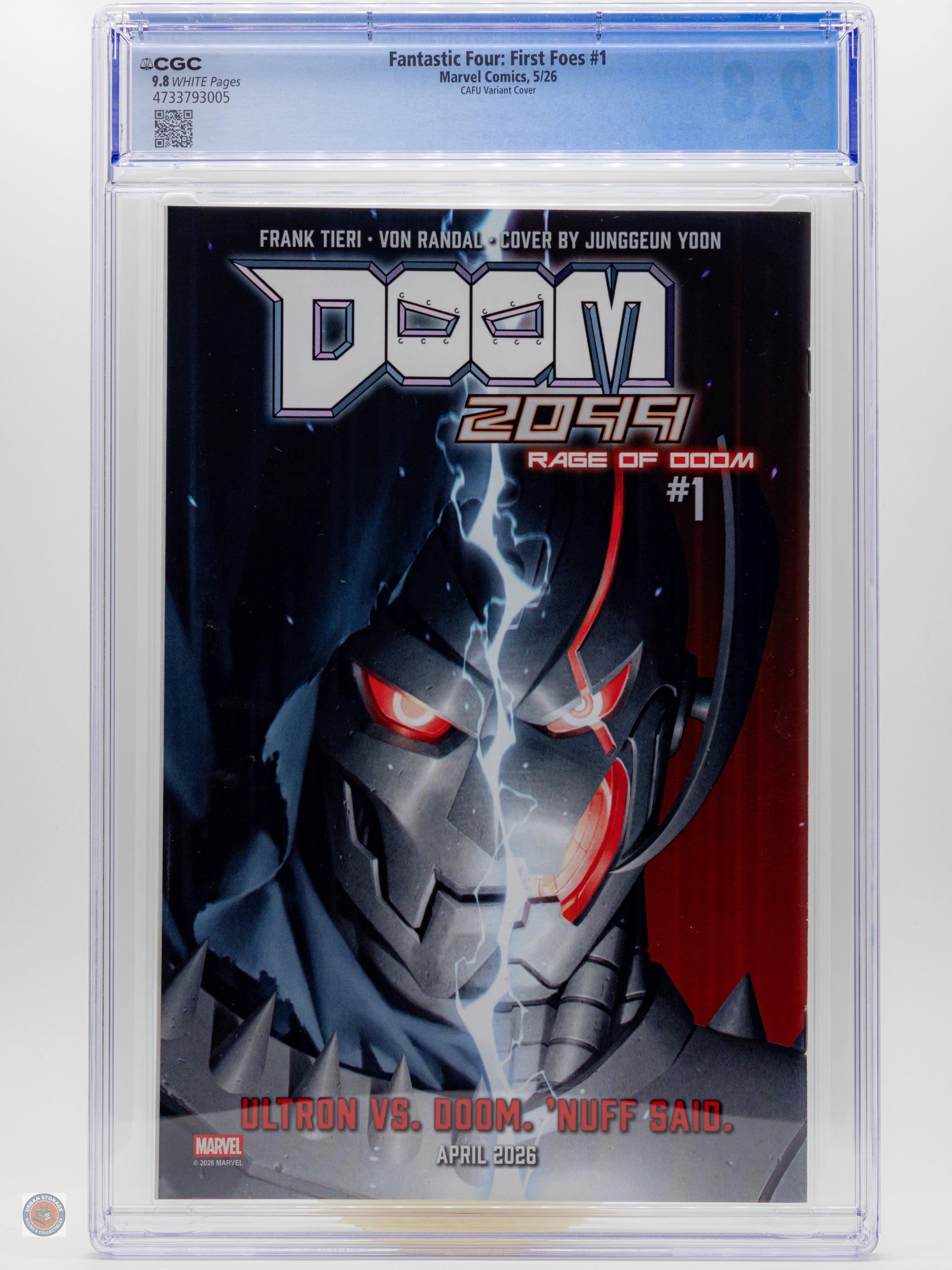 Comic book cover featuring a character with red eyes and a red cape, framed in a protective case.