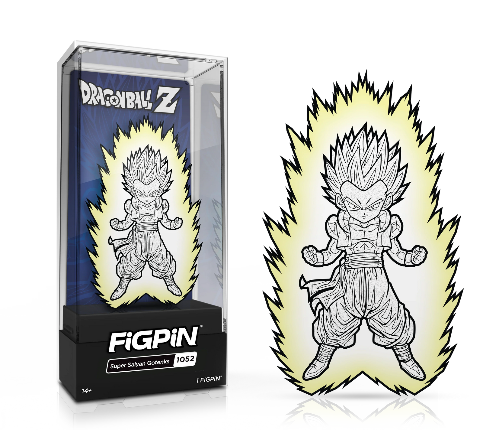 FiGPiN enamel pin of Super Saiyan Gotenks from Dragon Ball Z, featuring glitter and glow-in-the-dark details, limited edition.