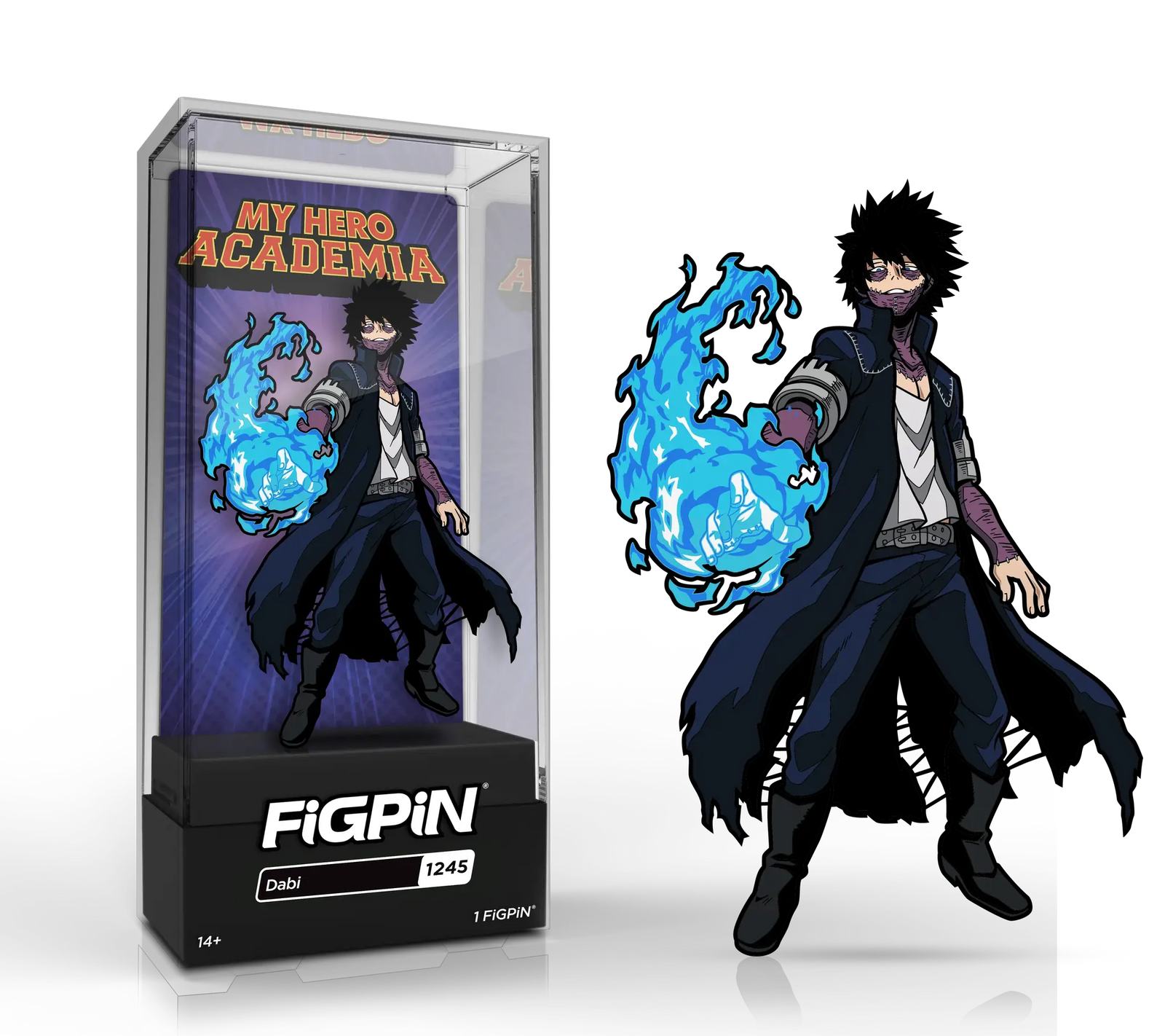 FiGPiN Classic enamel pin featuring Dabi from My Hero Academia, with detailed design and bold colors, on a display background.