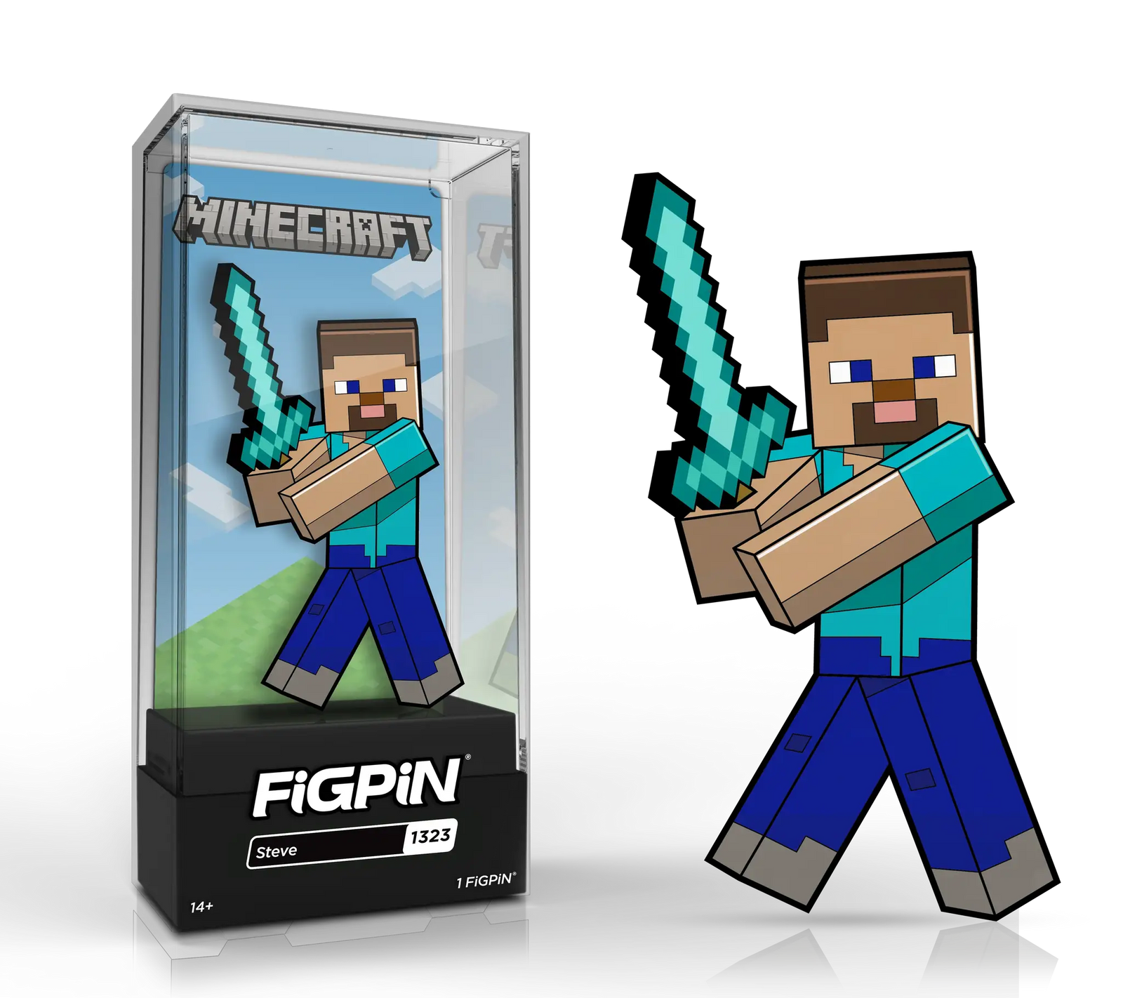 FiGPiN Minecraft Steve enamel pin from THE MIGHTY HOBBY SHOP, featuring a detailed cartoon-style Minecraft character design.