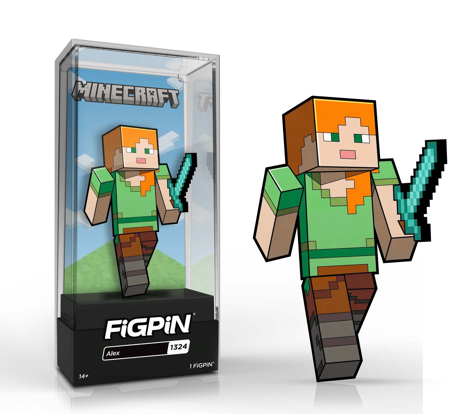 FiGPiN Classic Minecraft Alex enamel pin featuring pixelated character with detailed design, collectible gaming accessory.
