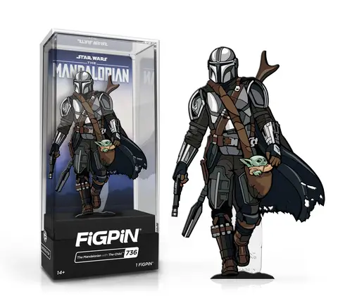 FiGPiN Classic Mandalorian with The Child collectible figure featuring detailed design and vibrant colors from The Mandalorian series.