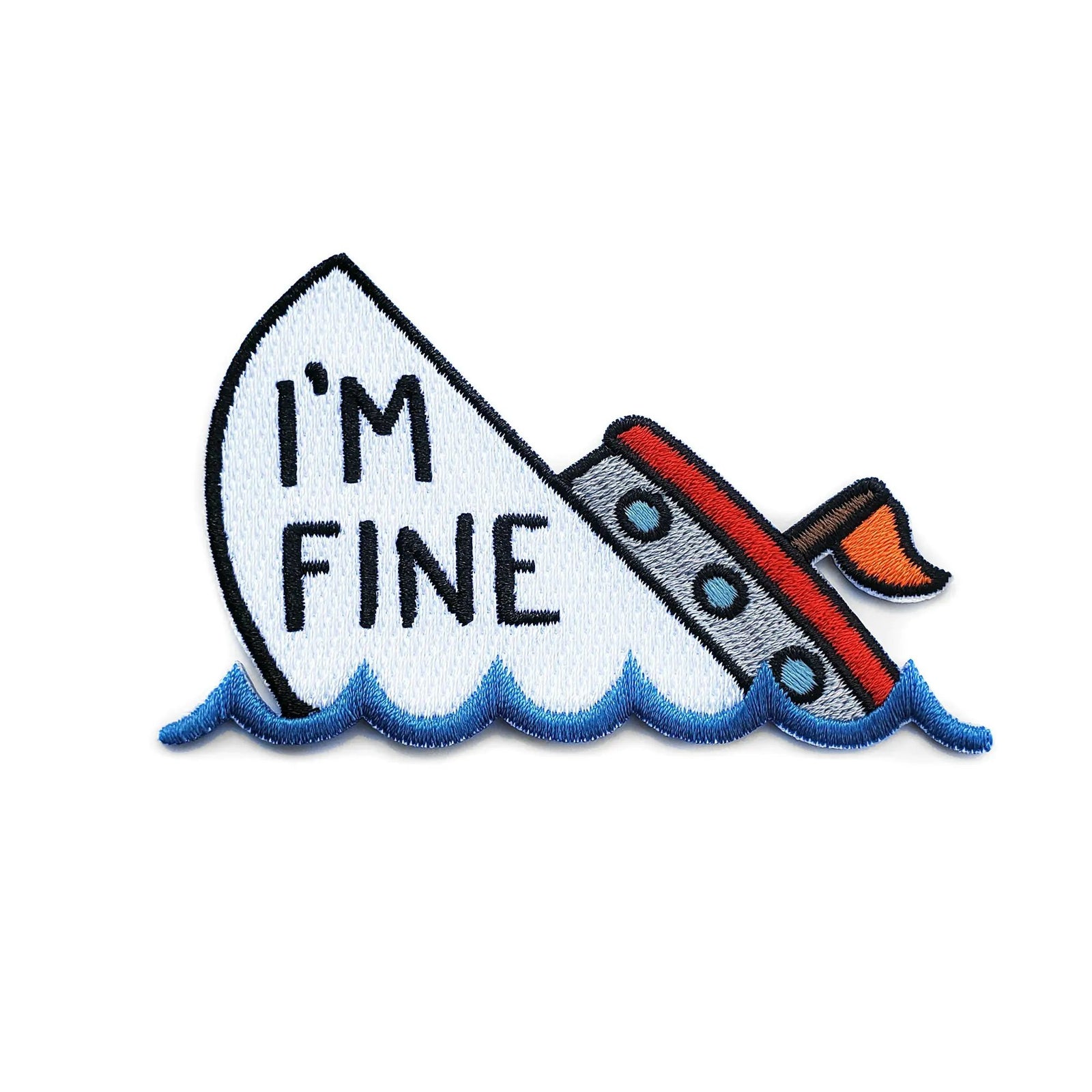 Kolorspun I'm Fine Patch, a colorful fabric patch with the text "I'm Fine" printed on it, ideal for decorating clothing or accessories.
