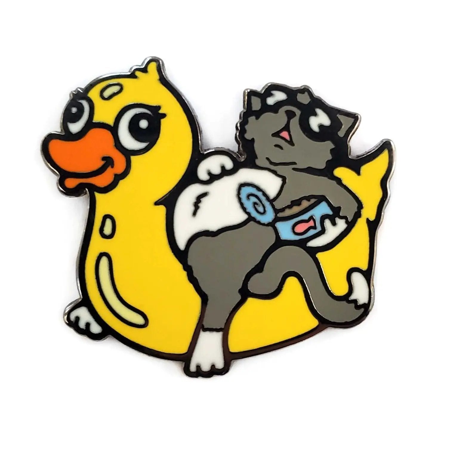Gray Pool Cat pin by Kolorspun featuring a cute cat with a floatie design, perfect for poolside or summer accessories.