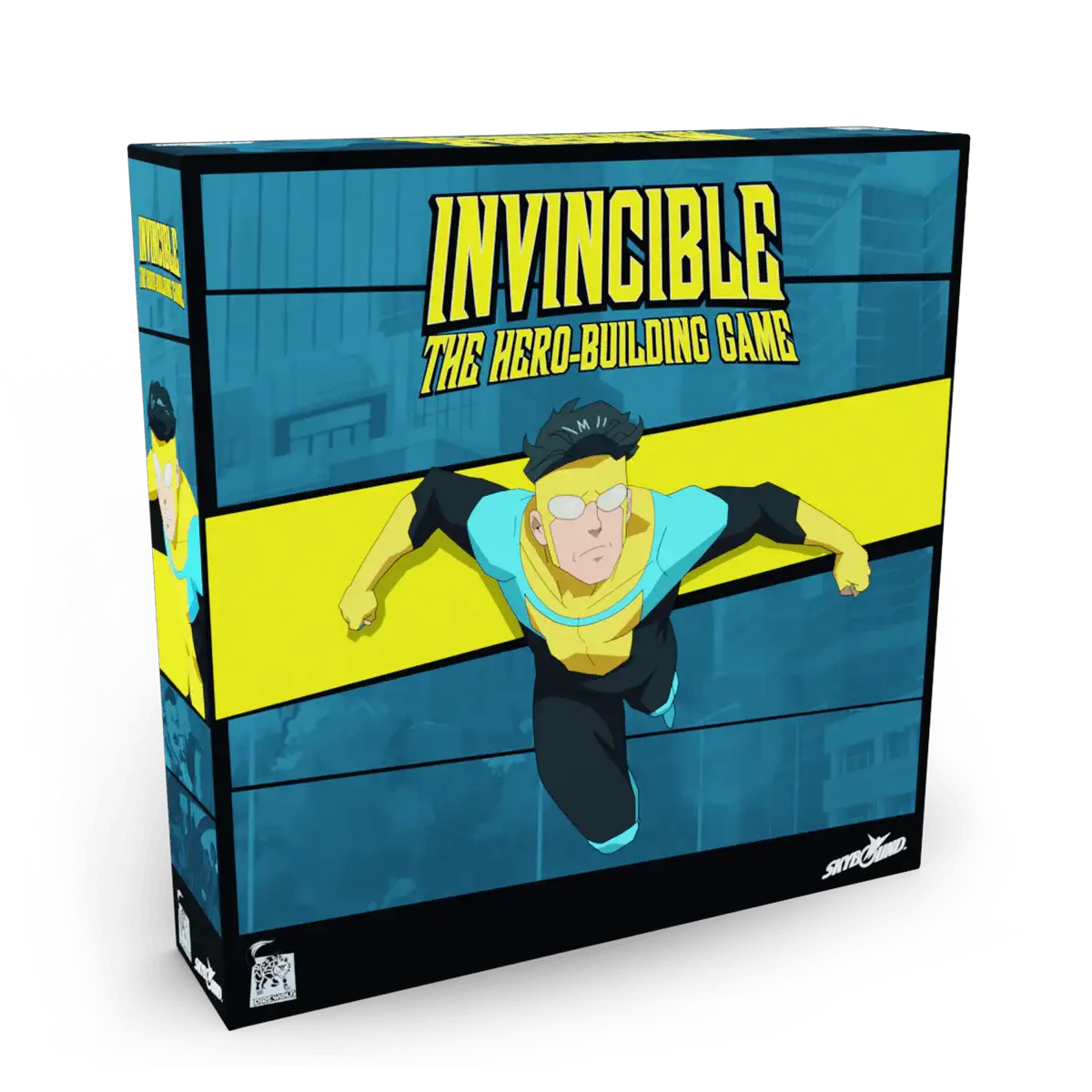 Flyboy store box for Invincible: The Hero-Building Game by THE MIGHTY HOBBY SHOP, featuring colorful artwork and game components.