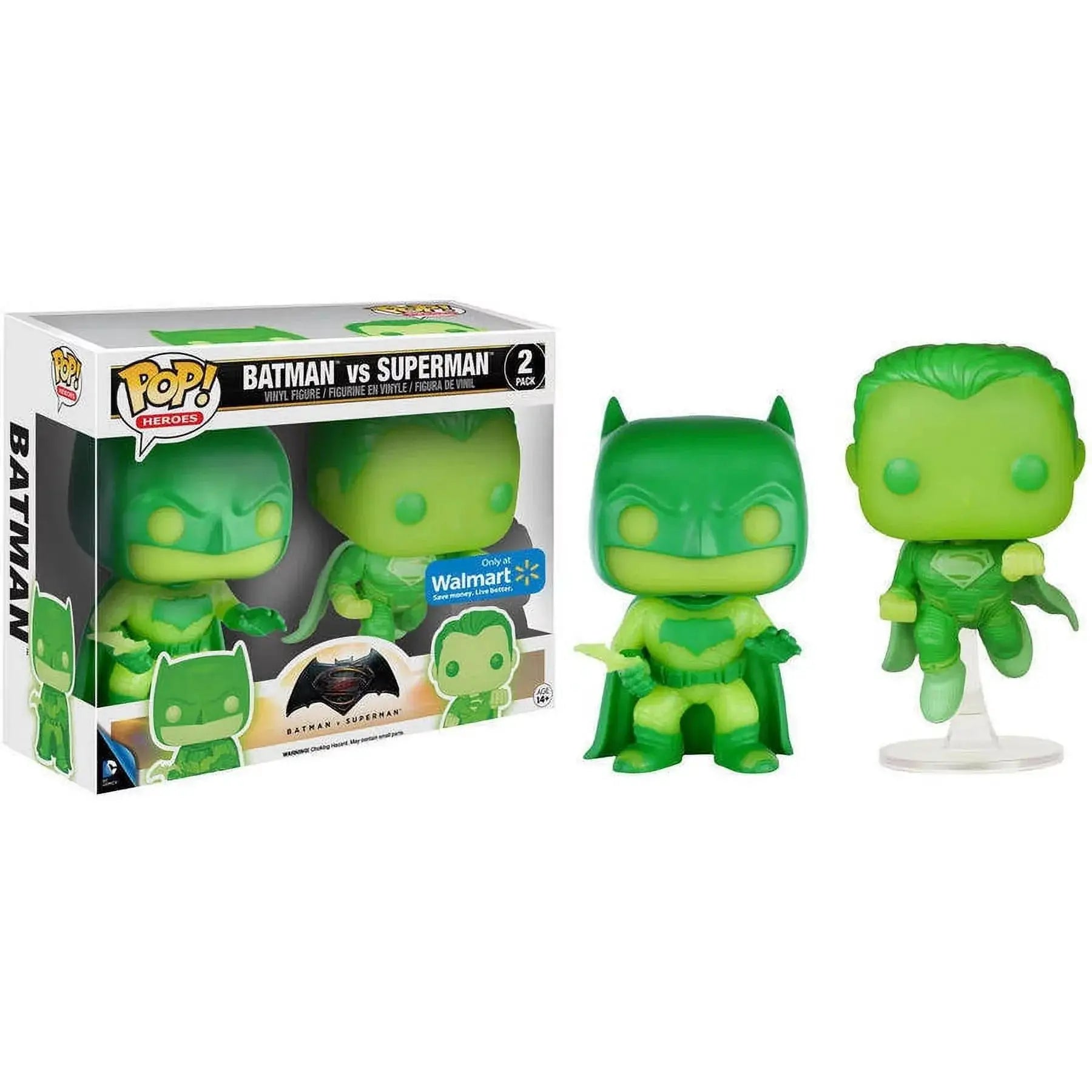 Funko Pop! Batman vs Superman 2-pack glow-in-the-dark exclusive figures, featuring detailed Batman and Superman collectibles.