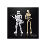 Star Wars The Black Series Clone Trooper and Battle Droid action figures, detailed figures with armor and weapon accessories.