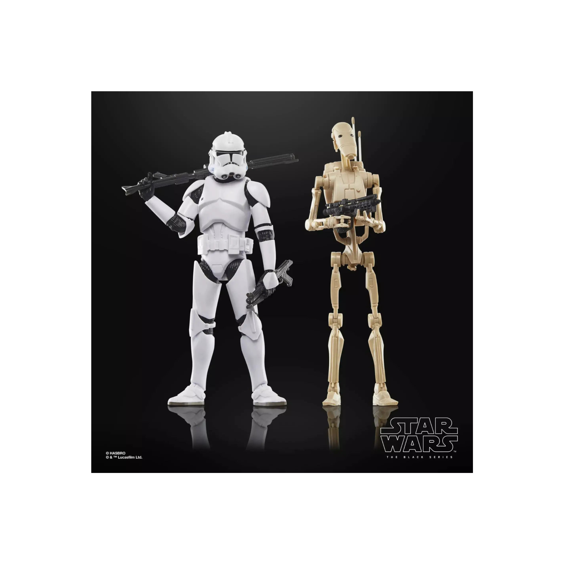 Star Wars The Black Series Clone Trooper and Battle Droid action figures, detailed figures with armor and weapon accessories.