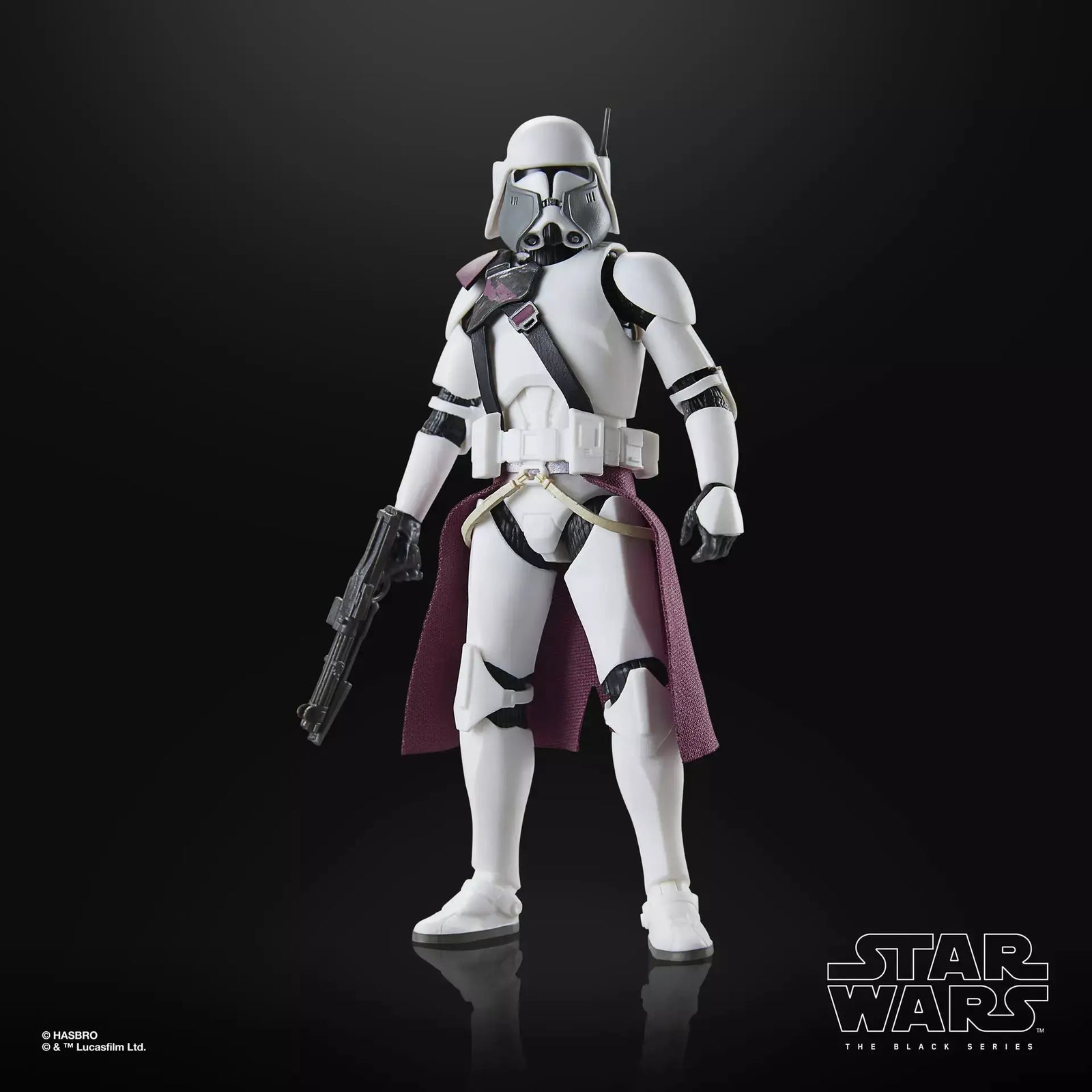 Star Wars The Black Series Clone Commander Bacara action figure with detailed armor and weaponry, posed against a neutral background.