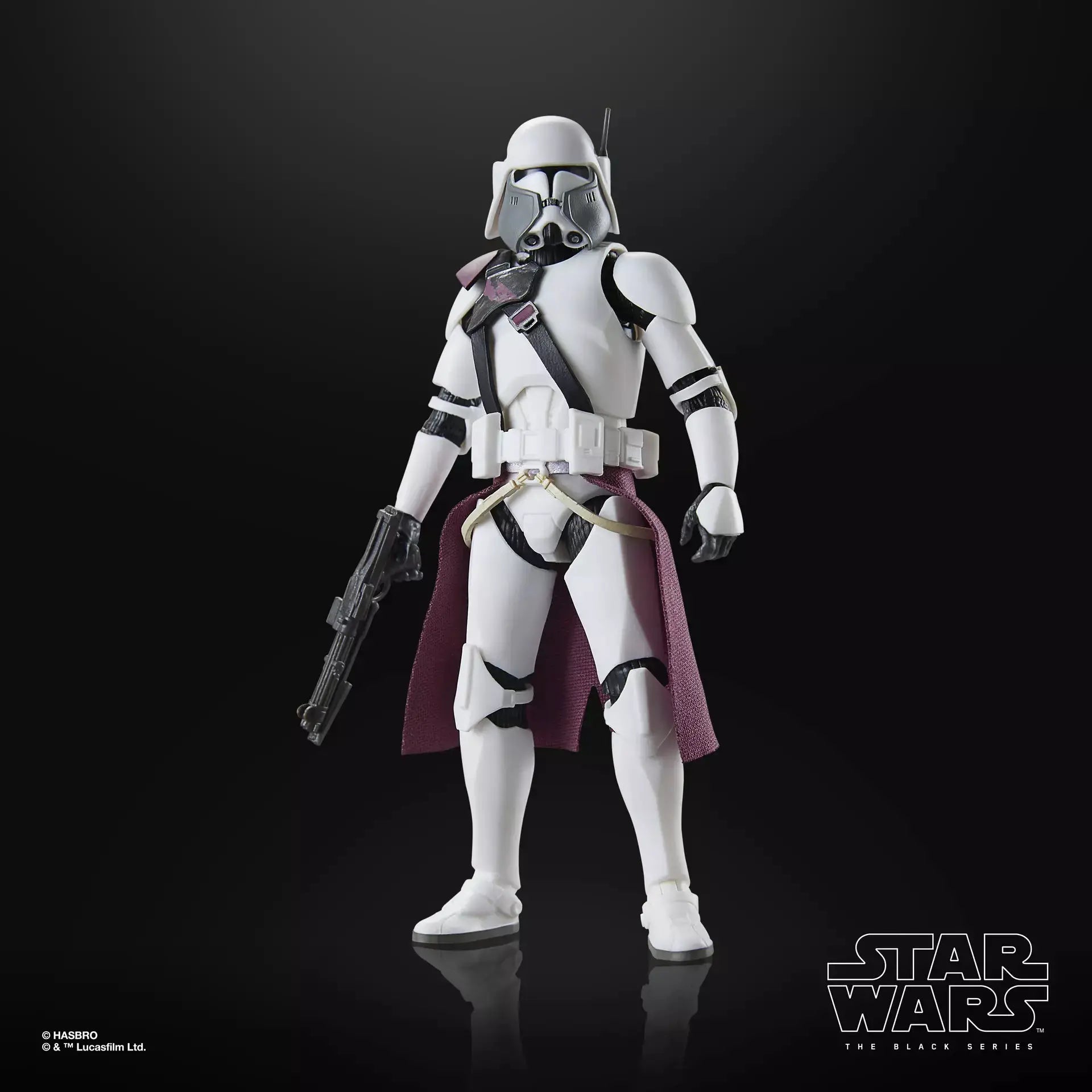 Star Wars The Black Series Clone Commander Bacara action figure with detailed armor and weaponry, posed against a neutral background.