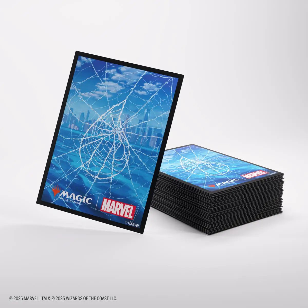 Magic: The Gathering Gamegenic Premium Art Sleeves featuring Spider-Man design in blue color, ideal for protecting trading cards.
