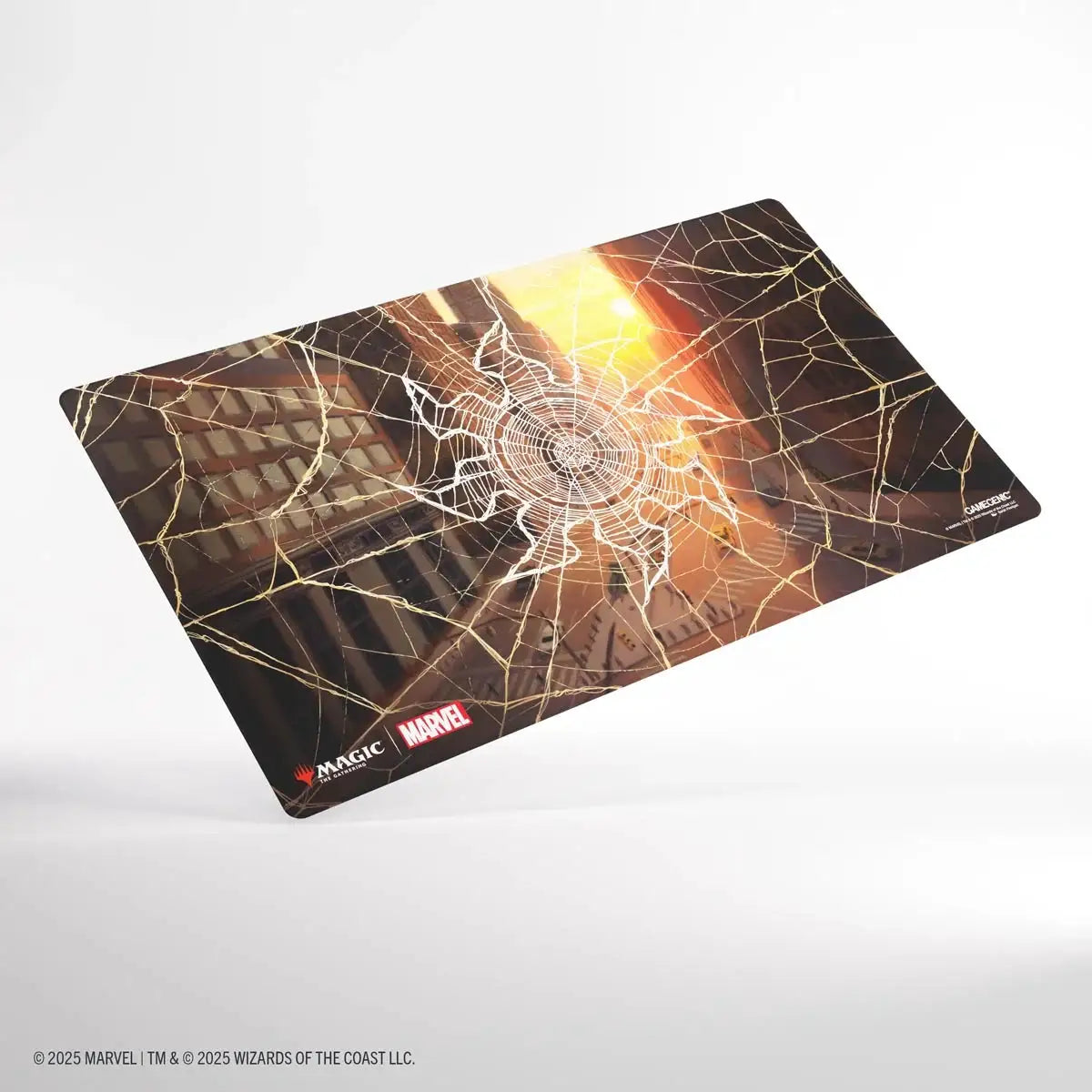 White Magic: The Gathering Spider-Man-themed playmat by THE MIGHTY HOBBY SHOP with Spider-Man graphic and game card area.
