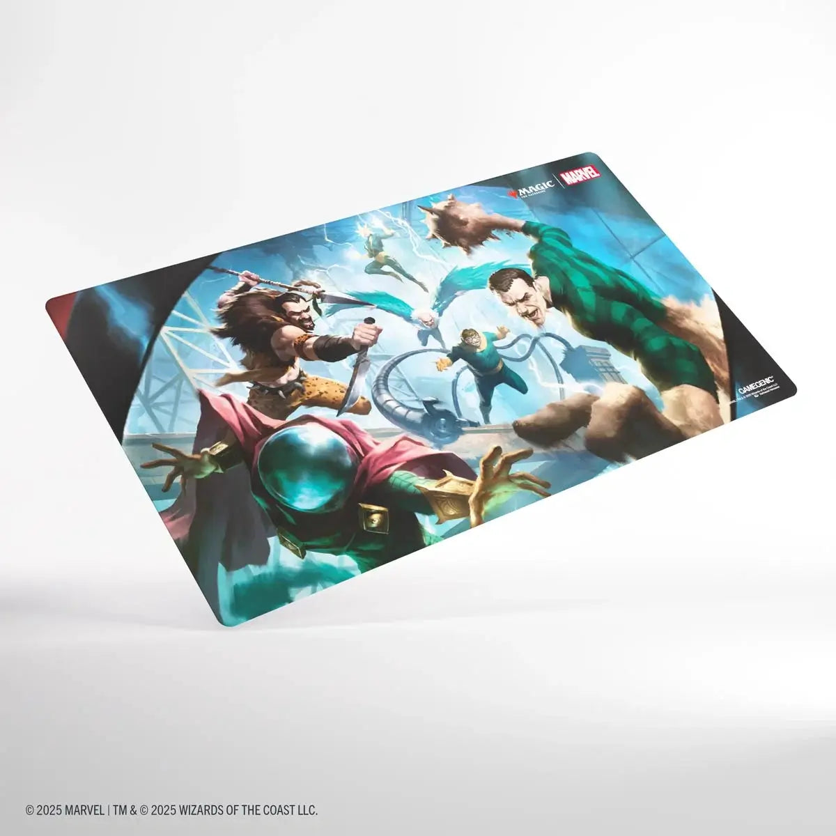 Magic: The Gathering Spider-Man themed playmat by THE MIGHTY HOBBY SHOP featuring a detailed Spider-Man and Sinister Six design.