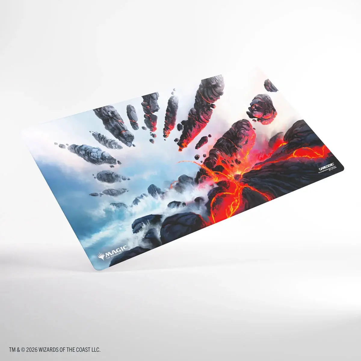 Magic: The Gathering playmat featuring Stormcarved Coast design from THE MIGHTY HOBBY SHOP, with vibrant ocean and storm imagery.