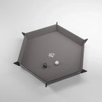 Gray hexagonal magnetic dice tray by Gamegenic, designed for tabletop gaming and dice organization.