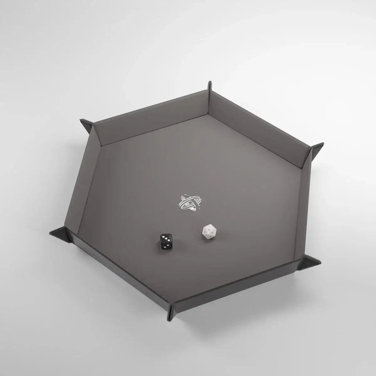 Gray hexagonal magnetic dice tray by Gamegenic, designed for tabletop gaming and dice organization.