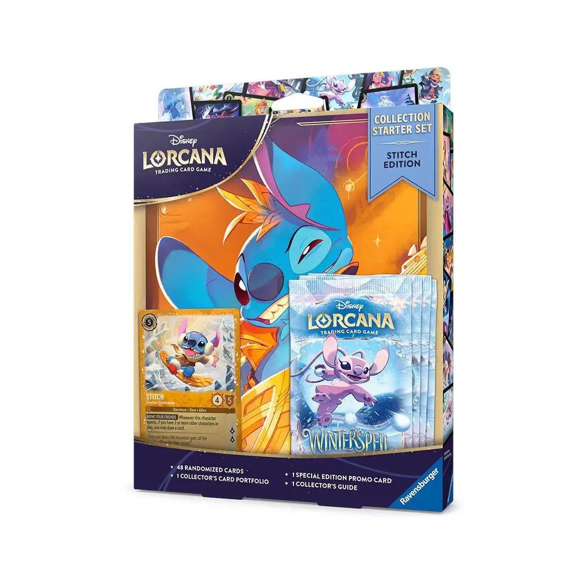 Lorcana Trading Card Game Collector Starter Set featuring Stitch edition with cards and accessories, displayed on a table.