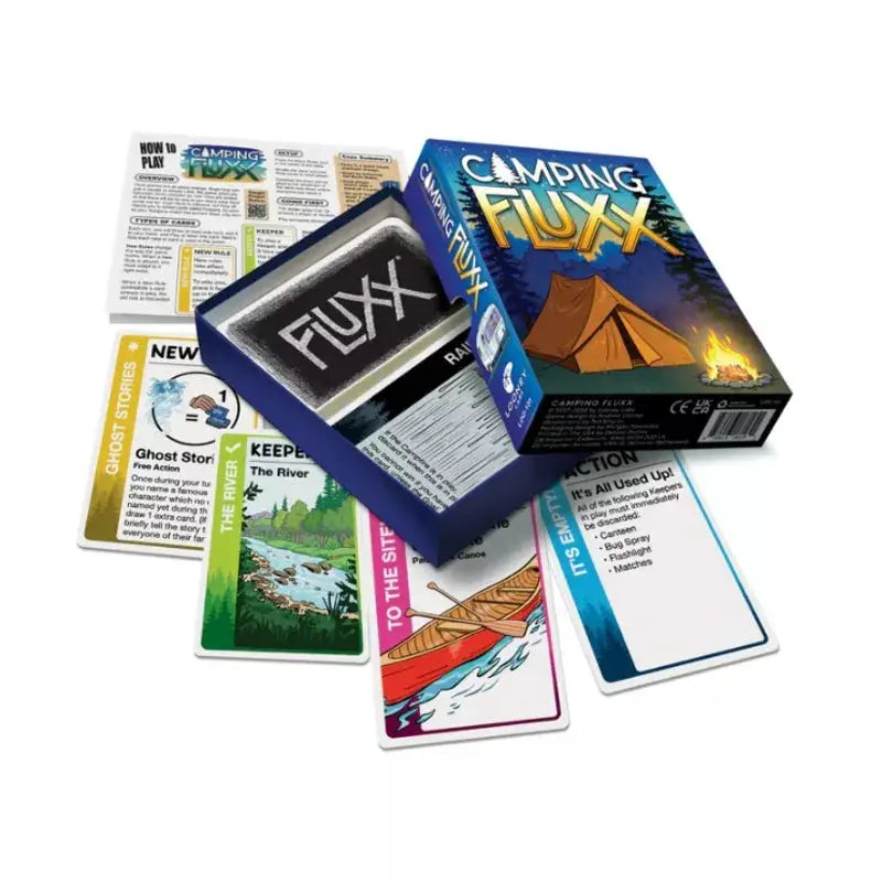 Camping Fluxx board game by THE MIGHTY HOBBY SHOP, featuring colorful game cards and playful design on the box.