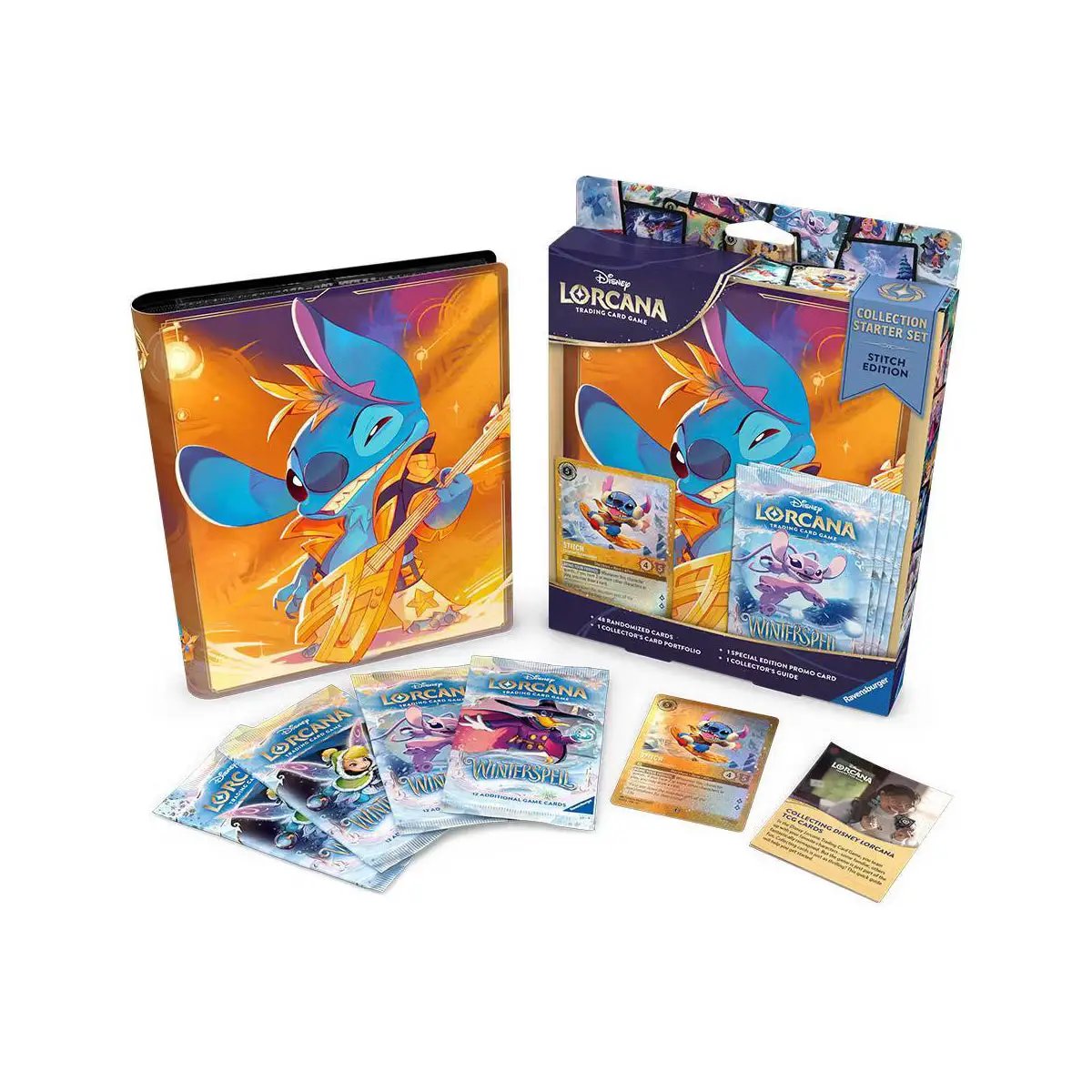 Lorcana Trading Card Game Collector Starter Set featuring Stitch edition, including cards and game accessories, on a display surface.