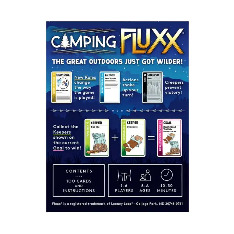 Camping Fluxx board game by THE MIGHTY HOBBY SHOP showing colorful game box and cards on a table.
