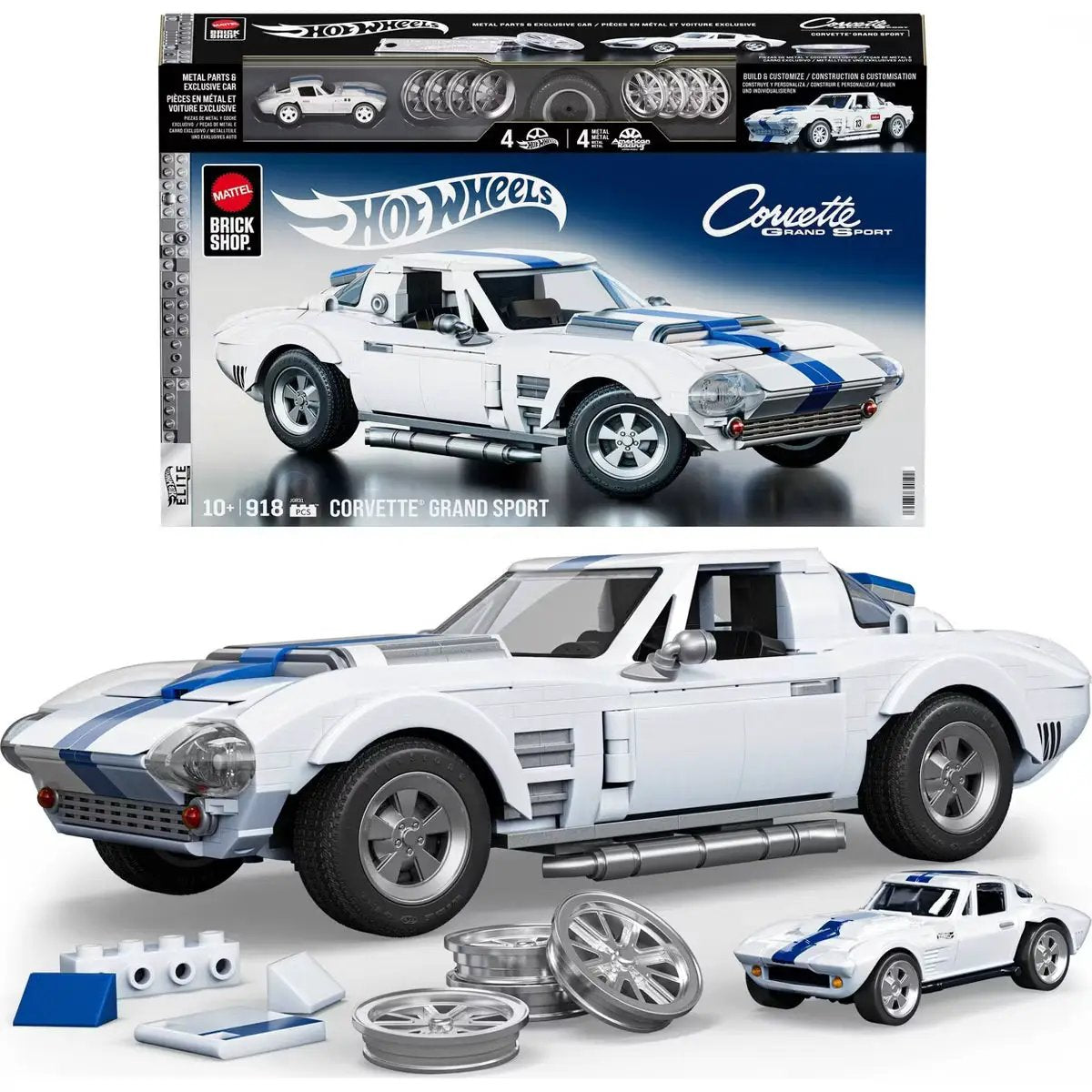 Hot Wheels Corvette Grand Sport building toy kit by THE MIGHTY HOBBY SHOP, featuring 918 pieces for collectors