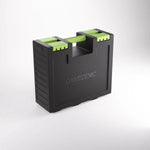 Black and green Gamegenic Game Castle storage case for tabletop games, featuring a sturdy design and secure compartments.