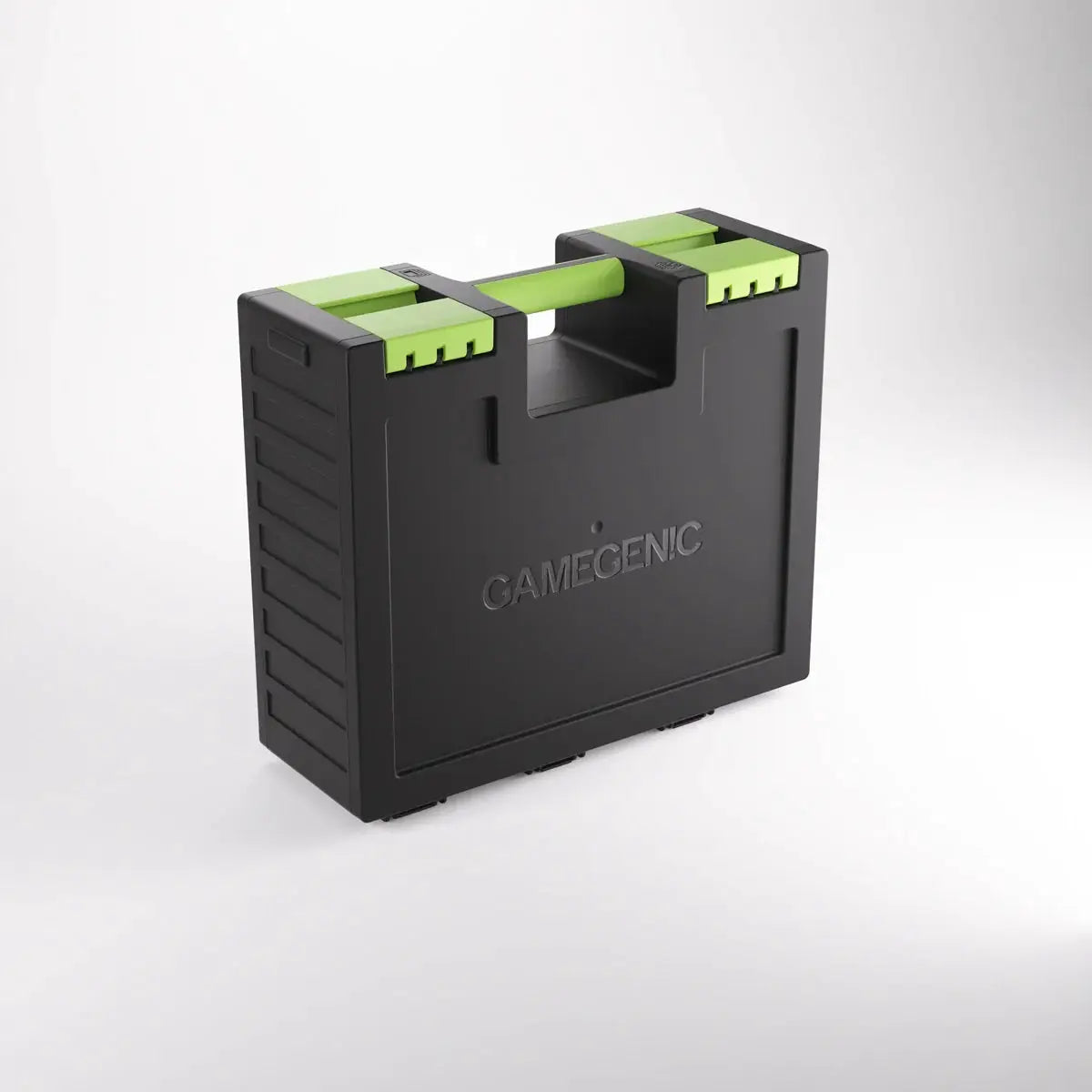 Black and green Gamegenic Game Castle storage case for tabletop games, featuring a sturdy design and secure compartments.