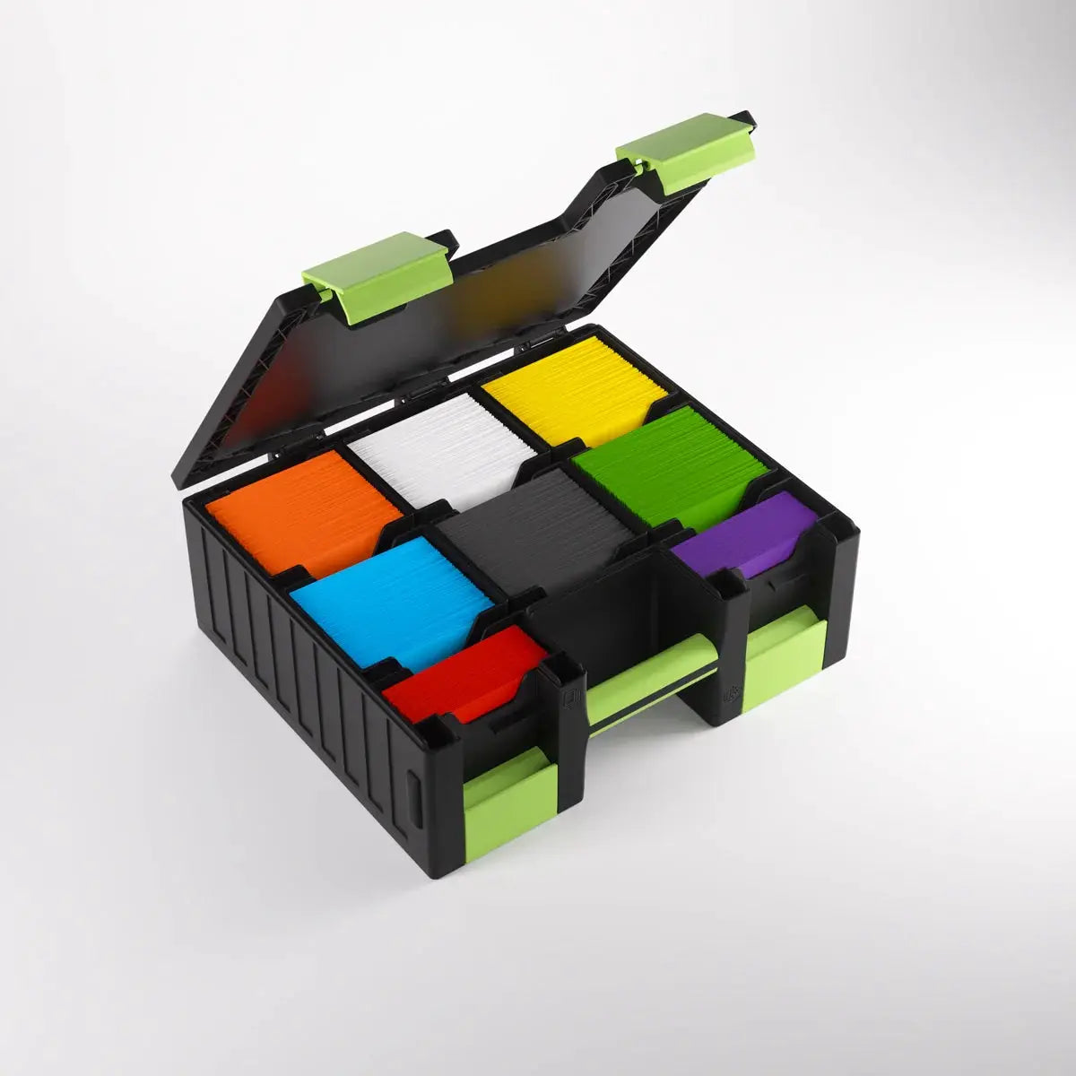 Black and green Gamegenic Game Castle storage box for tabletop games, featuring a sturdy design and secure latches.