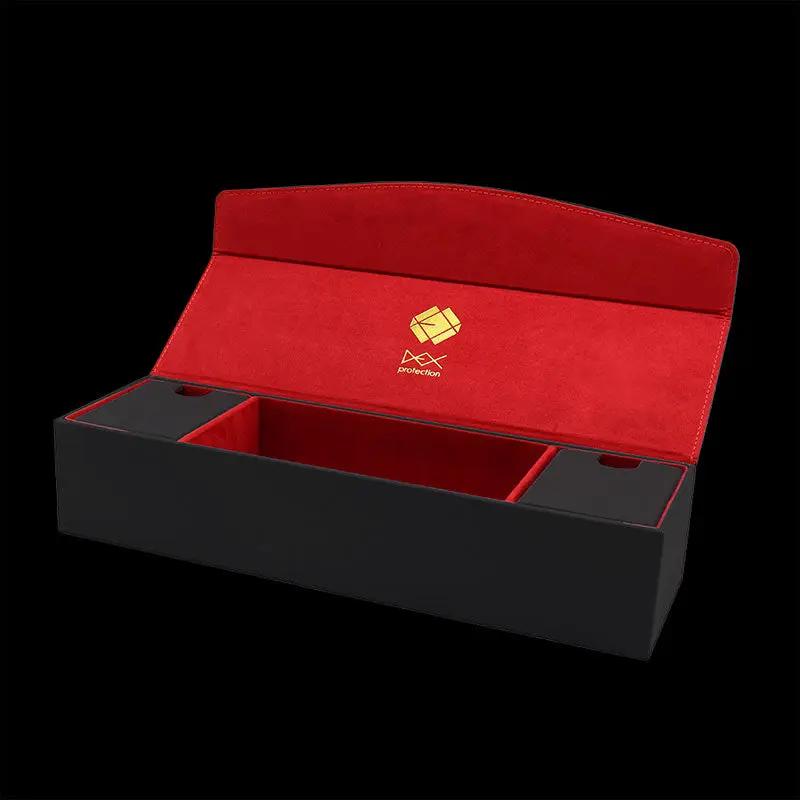 Open black DEX Protection Game Chest by THE MIGHTY HOBBY SHOP, showing organized compartments for game storage and accessories.