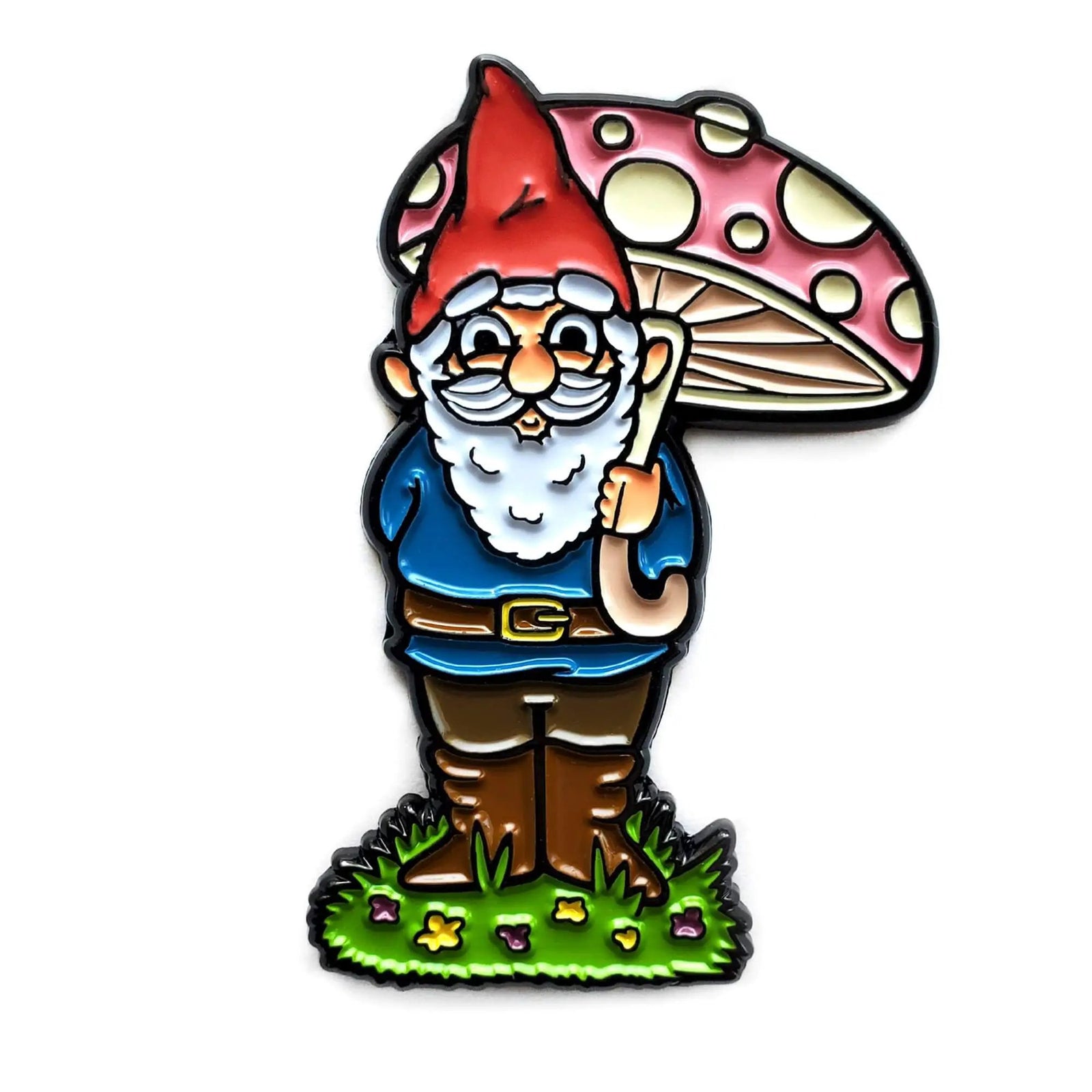 Kolorspun garden gnome enamel pin featuring a whimsical gnome design, perfect for decorating bags or clothing.