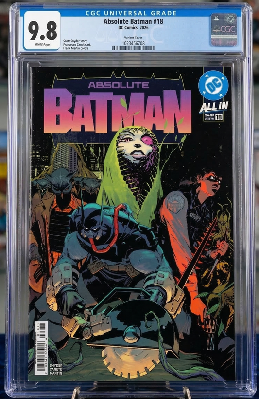 Comic book cover of 'Absolute Batman' #18 with CGC grading label