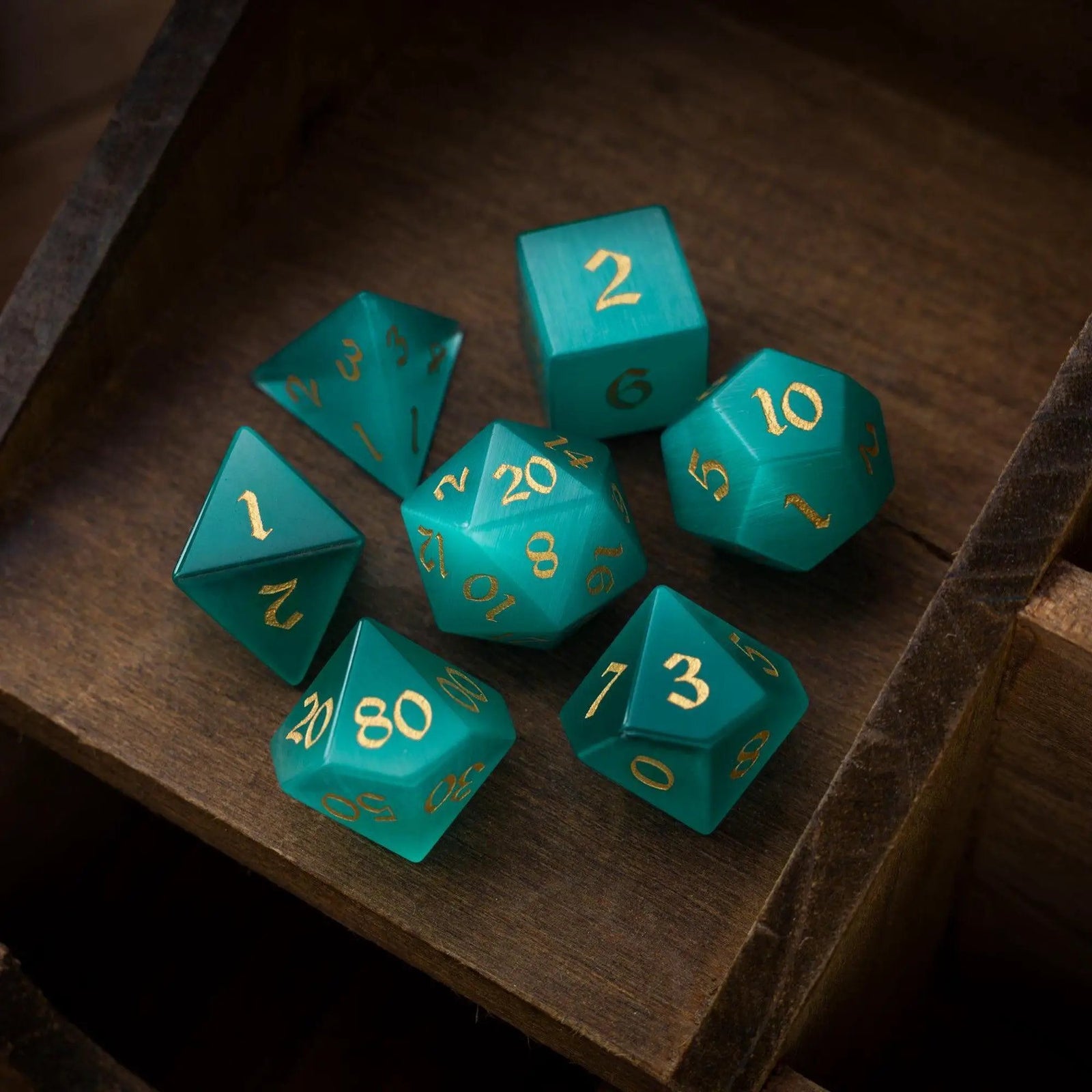 Gemstone Aquamarine Cats Eye Stone Hand Carved DND Dice Set by Runic Dice