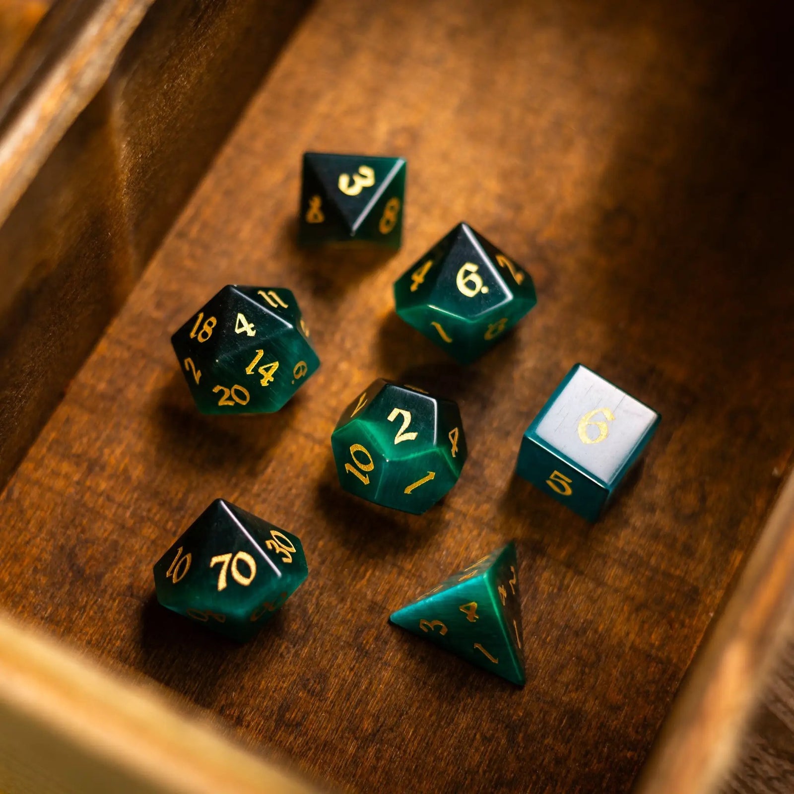 Gemstone Dark Green Cats Eye Stone Hand Carved DND Dice Set by Runic Dice