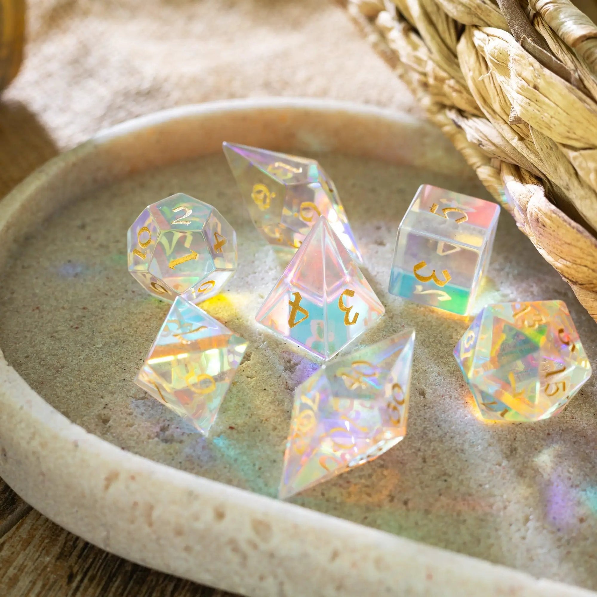 Gemstone dichroic glass Elven cut DND dice set by Runic Dice with vibrant, colorful gemstone design and intricate faceted craftsmanship.