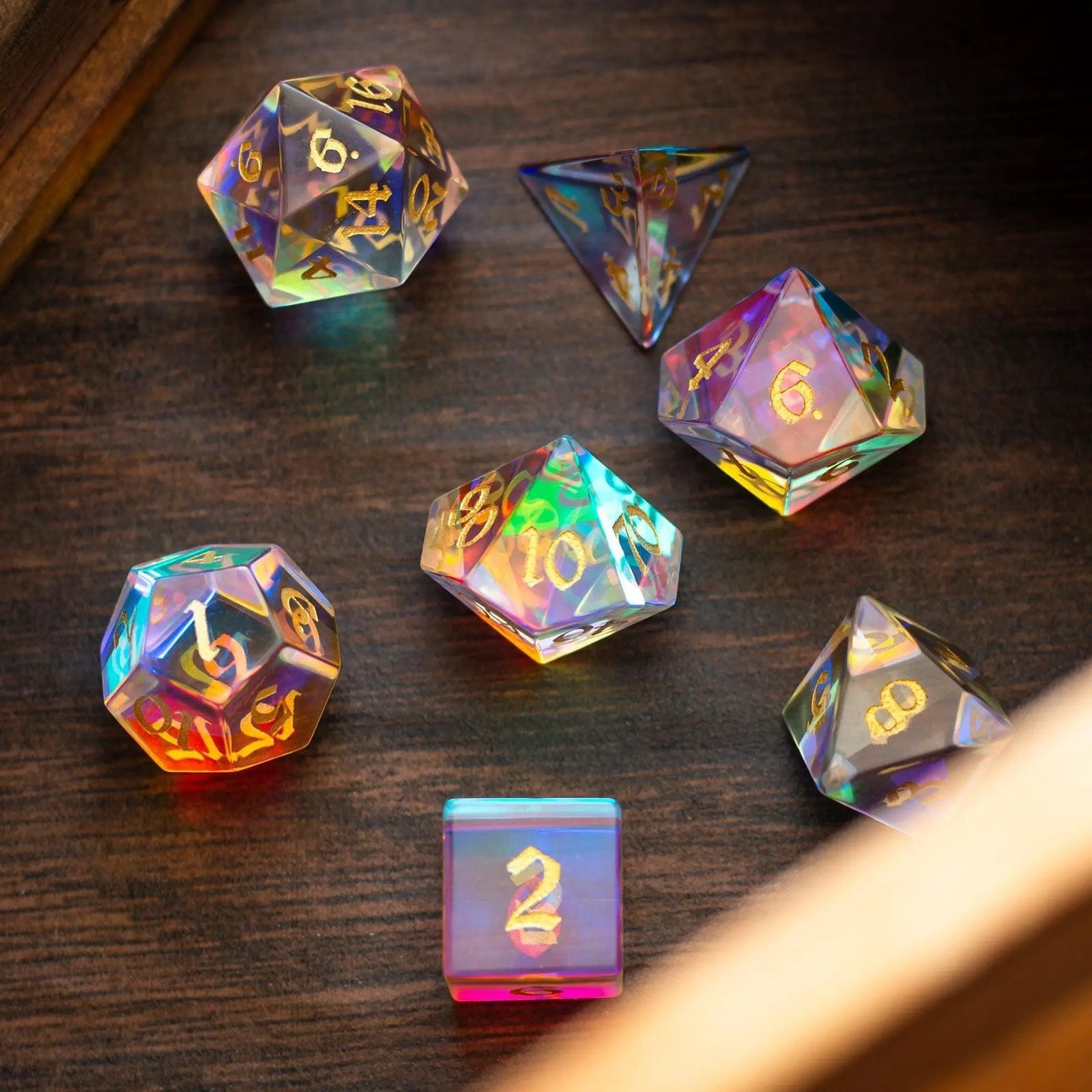Gemstone Dichroic Glass Hand Carved DND Dice Set by Runic Dice