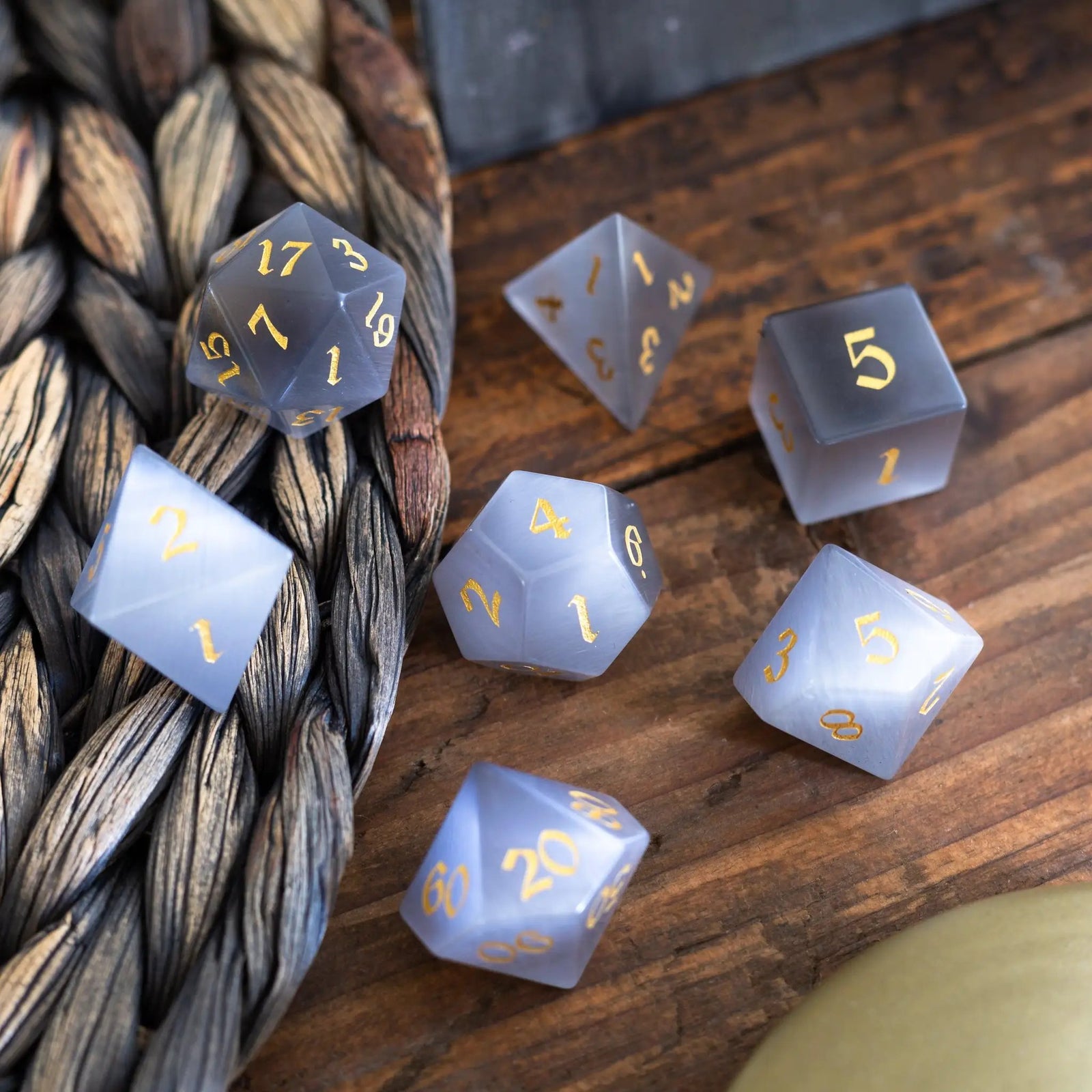 Gemstone Gray Cats Eye Stone DND Dice Set by Runic Dice